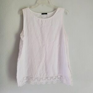 Lungo L'Arno Tank Top Womens Large White Linen Sleeveless Lace Trim Made‎ Italy